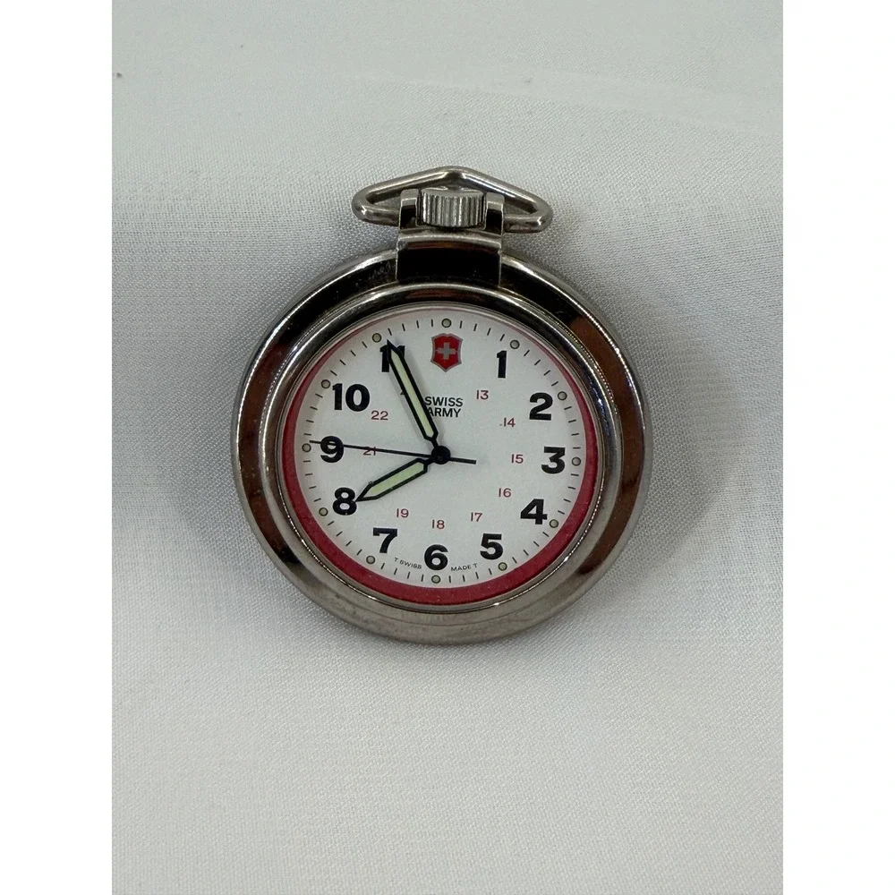 Swiss Army Victorinox Pocket Watch Silver Tone Red Bezel White Dial Swiss Made